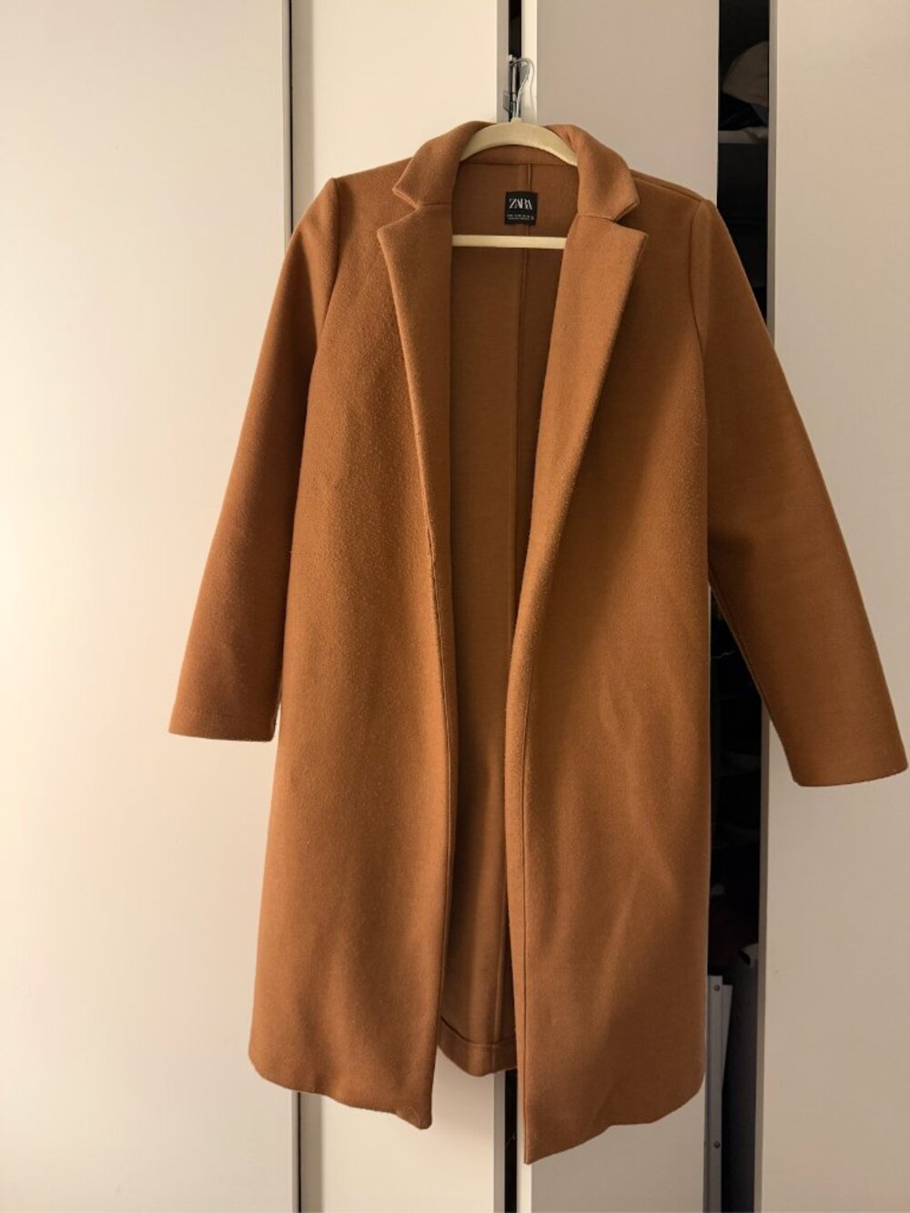 Zara Camel Tan Long Open Front Coat Trench Pea Coat Jacket, size medium